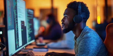 A focused individual with headphones works intently at a computer, surrounded by a tech environment filled with screens and code.