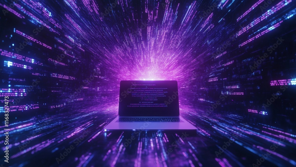 Poster laptop with glowing digital code streams.