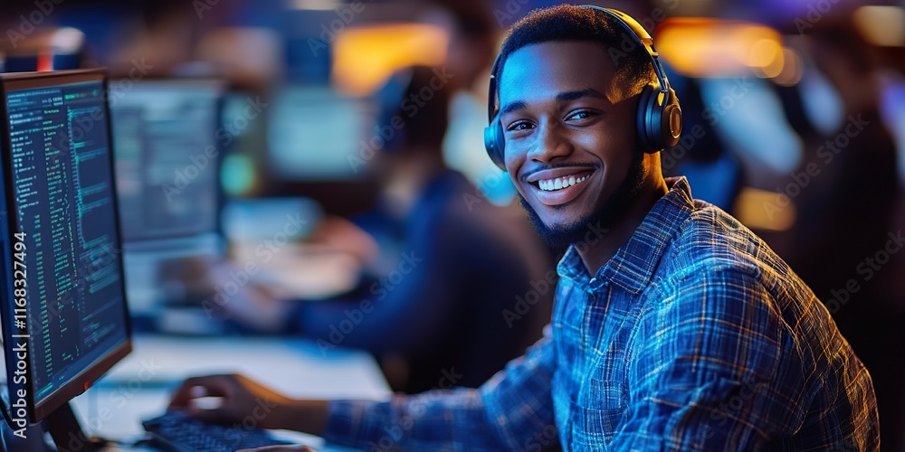 Poster a smiling man wearing headphones works at a computer, surrounded by screens displaying code, in a vi
