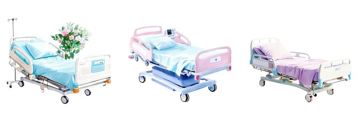 Medical tools surgical concept. A collection of hospital beds in pastel colors, showing different setups, emphasizing comfort and care in a healthcare environment.