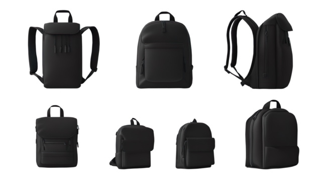 Realistic mockups of a black backpack, shown from various angles, including front, back, and isometric views