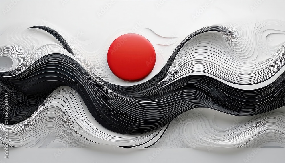 Poster abstract design featuring a bold red circle against flowing black and white waves, creating a striki