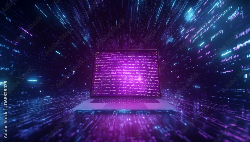 Poster Laptop displaying code in a futuristic digital space.
