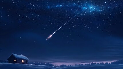 A serene winter night with a shooting star over a cozy cabin in a snowy landscape, creating a magical atmosphere.