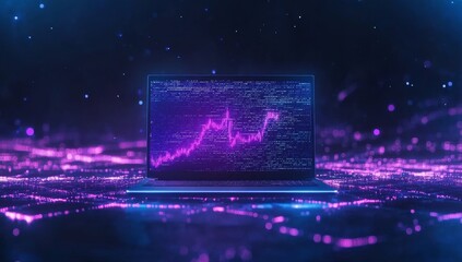 Laptop displaying upward trending graph on code.