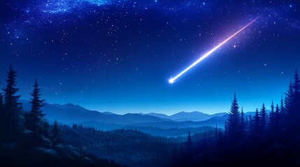 Fototapeta premium A stunning night sky featuring a shooting star over a serene mountain landscape, illuminated by twinkling stars.