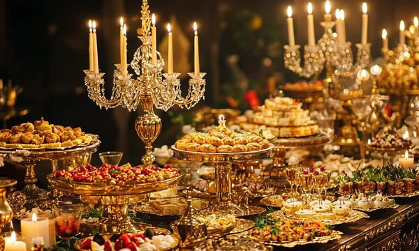 Elegant banquet setting featuring luxurious desserts, ornate candlelit decor, and intricate pastry displays for festive celebrations, weddings, or special occasions