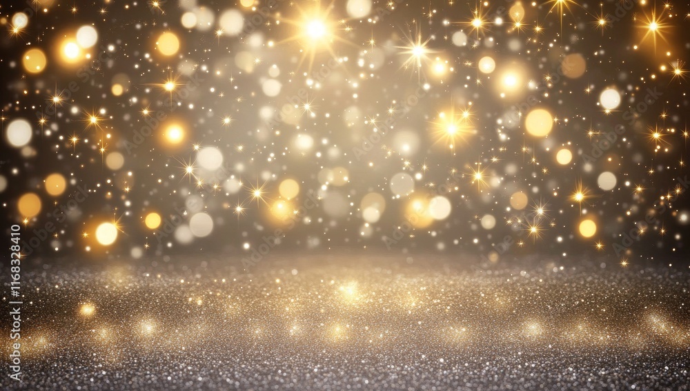 Poster sparkling gold glitter background with bokeh lights.