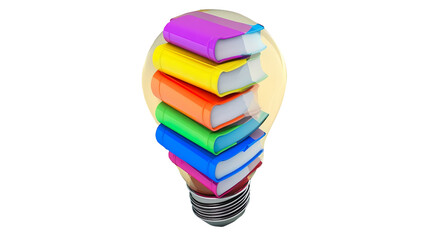 Stack of colorful books forming a light bulb shape on white background.