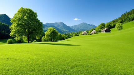 Obraz premium Lush green landscape with mountains and a quaint house.