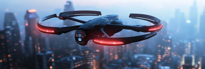 High-Tech Drone Flying Above Urban Skyline