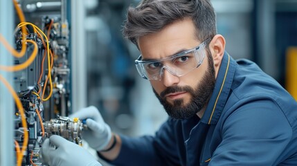 Technician working on machinery with safety gear in a lab setting.