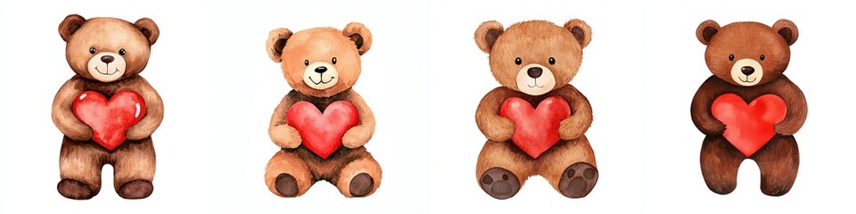 Fototapeta premium Valentine emotion concept. Adorable teddy bears holding hearts in a row.