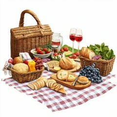 Picnic Basket with Fresh Foods and Beverages on Checkered Blanket Surrounded by Fruits and Vegetables