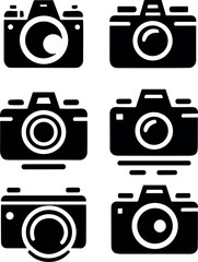 Collection of camera icons in monochrome style, featuring photography equipment 