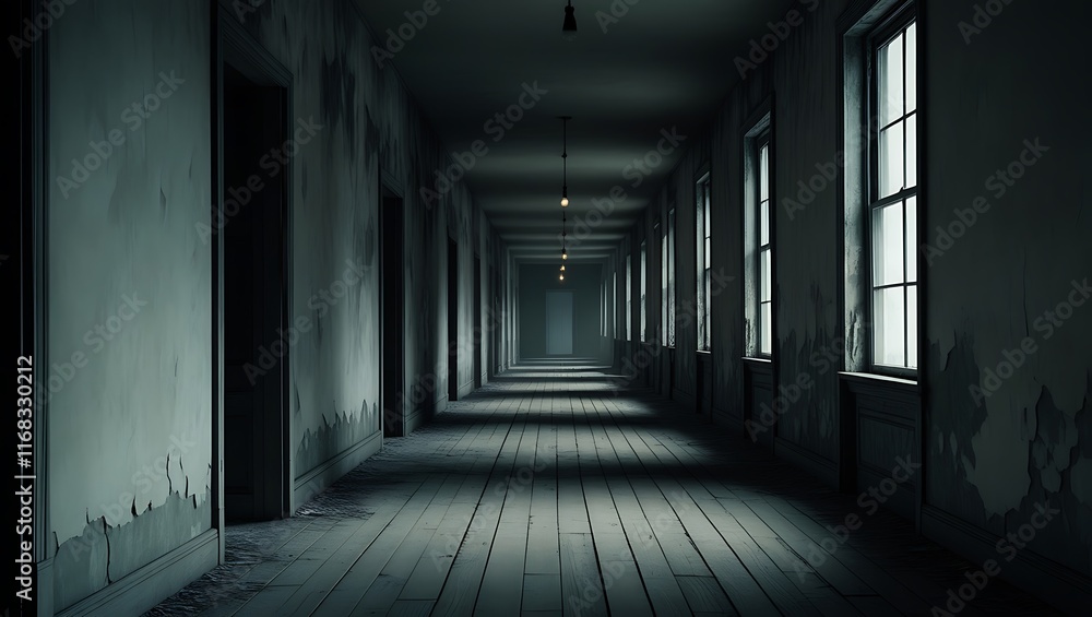 Poster empty horror hallway with little lighting background. long empty dark corridor in abandoned building