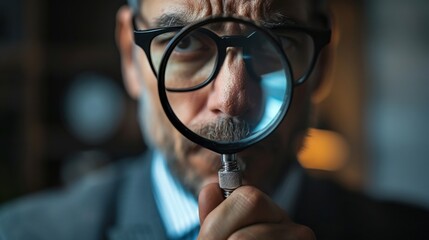A focused man examines something closely through a magnifying glass, showcasing curiosity and attention to detail in a dimly lit environment.