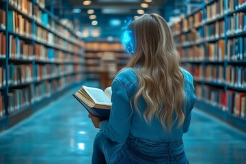 Woman reading book in library, AI concept.