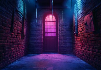 Dark, neon-lit brick corridor with arched door.