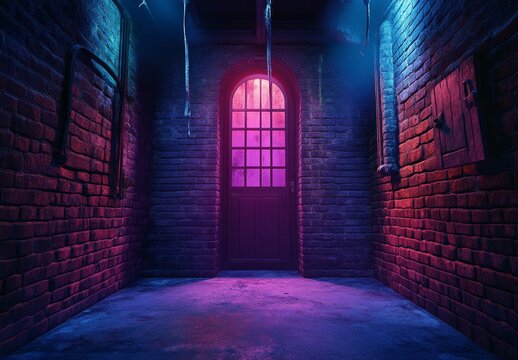 Dark, neon-lit brick corridor with arched door.