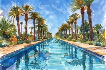 Fototapeta premium A serene watercolor painting featuring palm trees beside a tranquil pool and a bright blue sky.