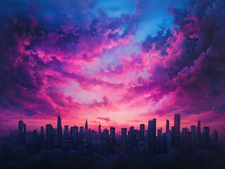 Fototapeta premium urban glow cityscape in a panoramic view under a neon-lit sky 