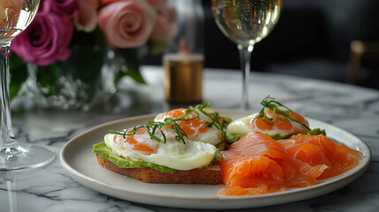 Indulgent Breakfast with Poached Eggs, Avocado Toast, Smoked Salmon, Champagne, and Fresh Flowers on a Marble Countertop