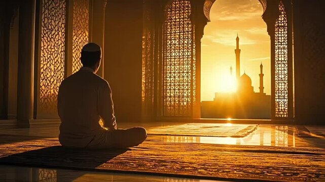 silhouette of a moeslim man praying in mosque