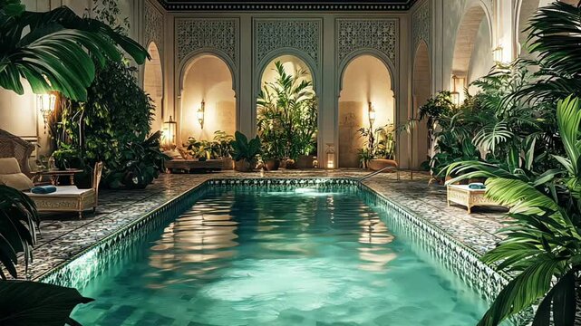 A beautiful pool with a green wall and a green ceiling. The pool is surrounded by plants and has a lot of natural light. Scene is serene and relaxing