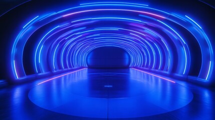 Obraz premium A futuristic tunnel illuminated with vibrant blue and purple neon lights, creating a captivating and mesmerizing atmosphere.