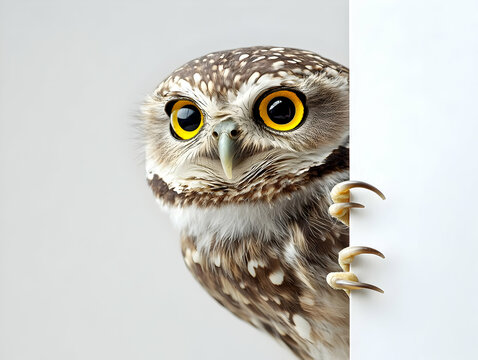 A curious owl peeking around a corner, showcasing its large yellow eyes and intricate feather patterns.