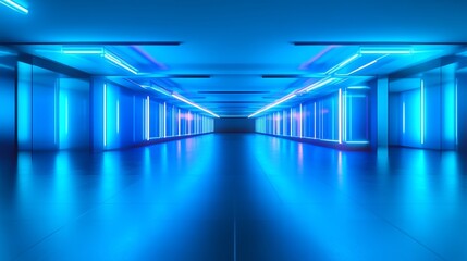 Fototapeta premium A futuristic, illuminated corridor featuring blue neon lights, creating a sleek, modern atmosphere.