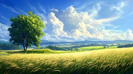 Serene landscape with lush wheat fields and majestic clouds rolling hills nature scene bright atmosphere wide angle view