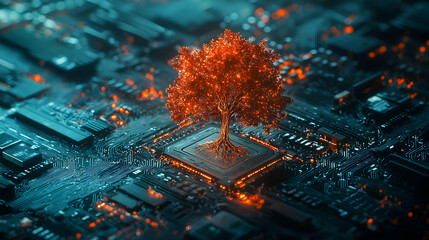 Innovative technology integration digital tree on microchip futuristic environment 3d art...