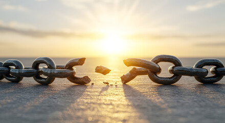 Liberating symbolism of freedom through Christ: broken chains on stone illuminated by radiant sunlight