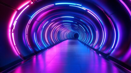 Fototapeta premium A vibrant, illuminated tunnel featuring circular neon lights in blue and pink hues, creating a futuristic ambiance.