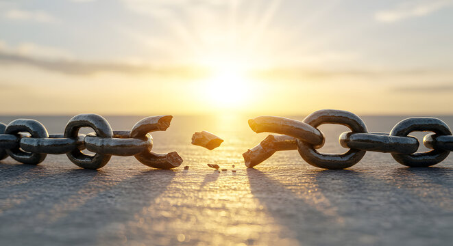 Liberating symbolism of freedom through Christ: broken chains on stone illuminated by radiant sunlight