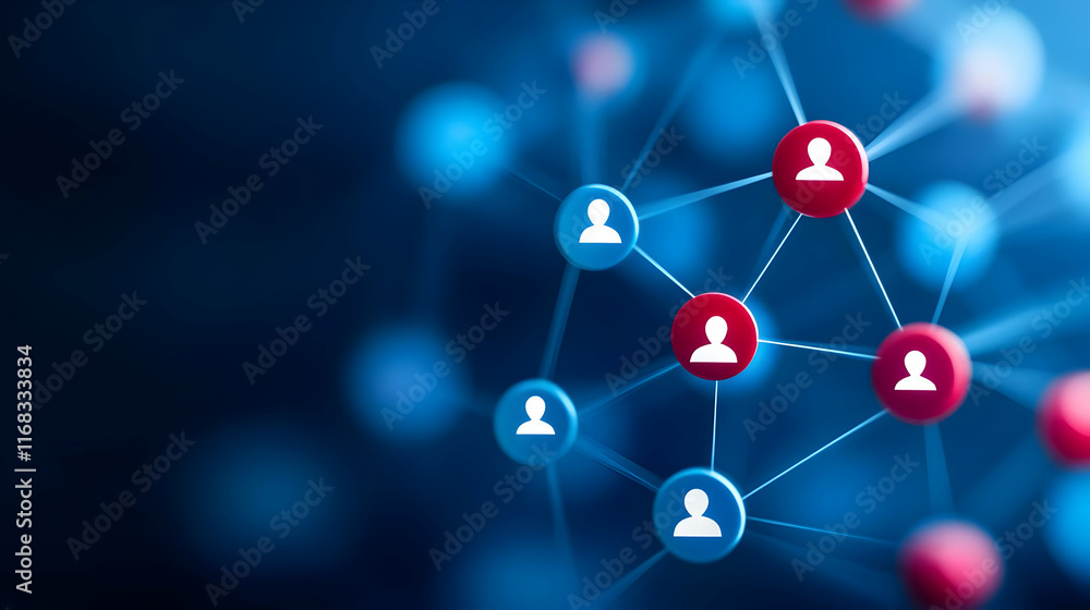 Poster a digital network representation showing interconnected user profiles in blue and red, symbolizing s