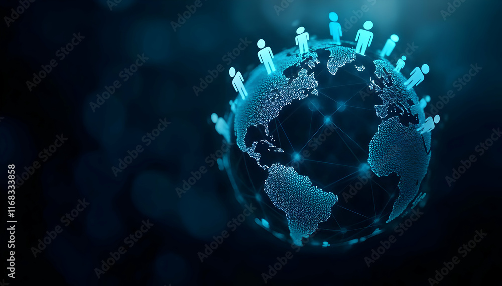 Poster a digital representation of a global network connecting people around the world through technology.