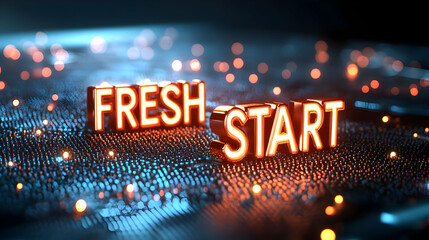 A digital representation of a fresh start concept with glowing letters on a tech background, symbolizing new beginnings.