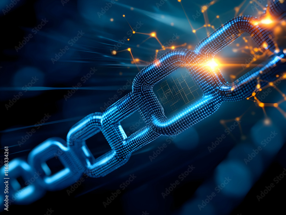 Poster a futuristic digital chain symbolizing connectivity and blockchain technology with vibrant blue and 