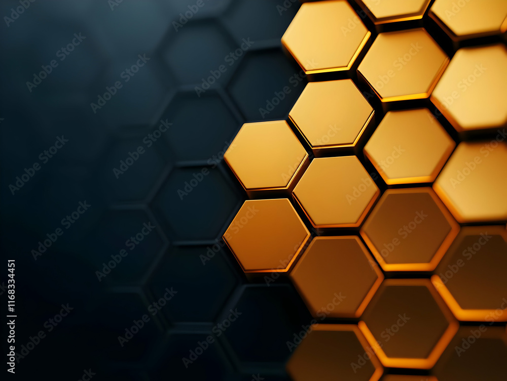 Poster abstract geometric design featuring hexagonal patterns in a striking blend of gold and dark tones.