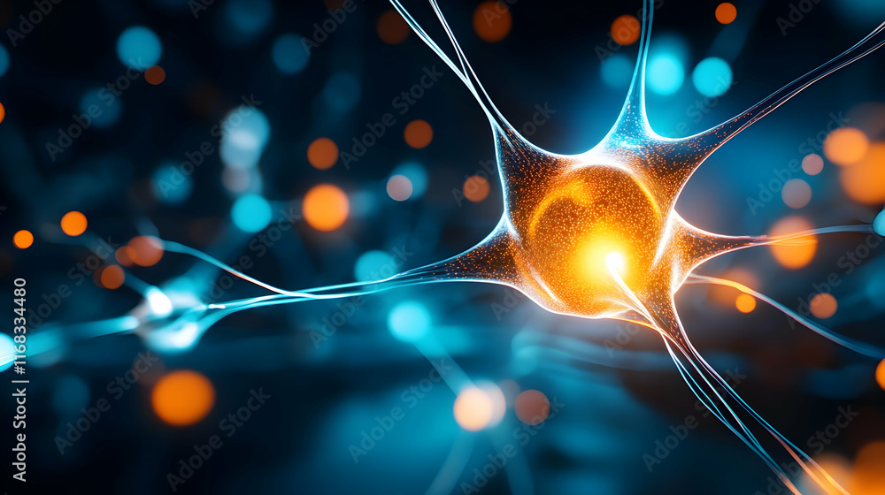 Poster abstract representation of a neuron, highlighting neural connections and activity with vibrant color