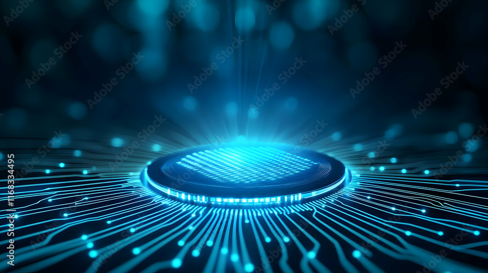 Poster abstract representation of a microchip emitting light and energy in a digital circuit environment.