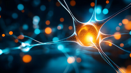 Abstract representation of a neuron, highlighting neural connections and activity with vibrant colors and dynamic elements.