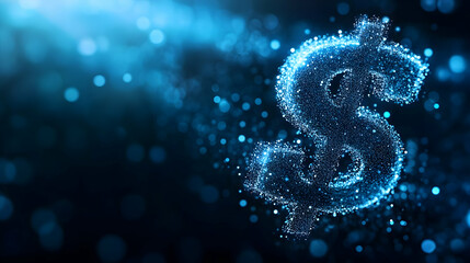 A glowing dollar sign created with sparkling blue particles against a dark background, symbolizing wealth and prosperity.