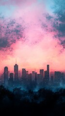 Obraz premium panoramic city skyline with vibrant gradients and abstract digital overlays 