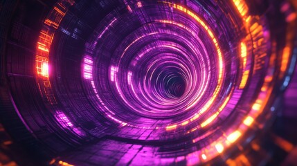 A mesmerizing tunnel of vibrant purple and orange lights, creating a dynamic and futuristic atmosphere.