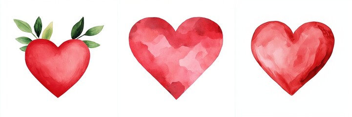 Valentine spark concept. Colorful watercolor hearts with leaves, ideal for romantic designs.