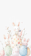 Obraz premium Cute bunnies with colorful Easter eggs in a whimsical spring setting
